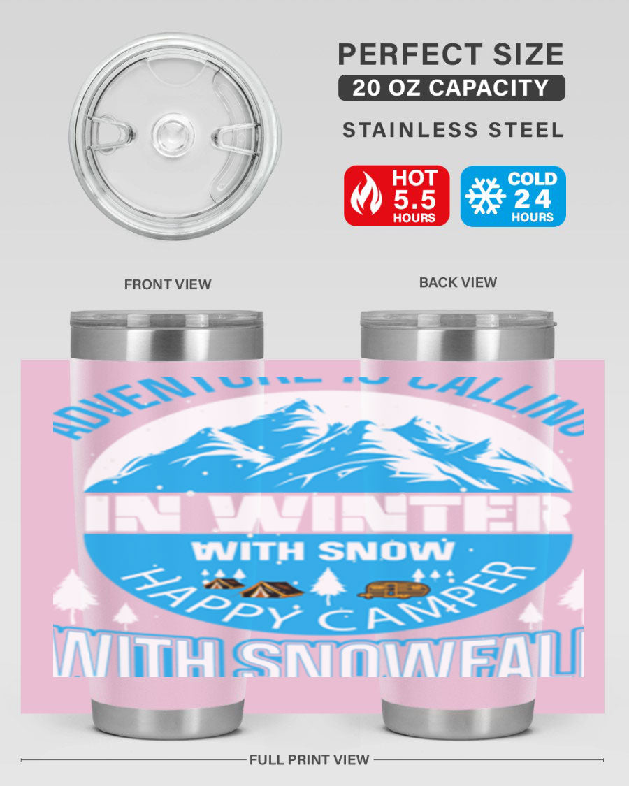 Camping Winter 39# Tumbler in stainless steel with a drink-thru lid, showcasing its sleek design and double wall insulation.